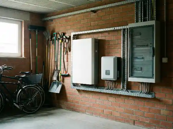 Thuisbatterij met eigen omvormer aan de muur van een garage
