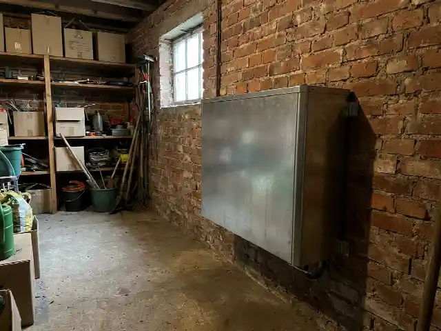 Thuisbatterij op een bakstenen muur in een droge berging