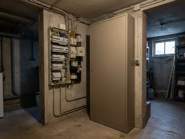 Staande thuisbatterij naast het verdeelbord in een kelder