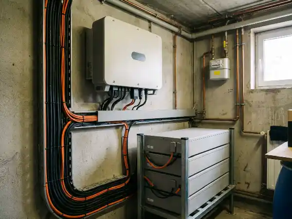 Hybride omvormer boven gestapelde batterijmodules in een technische ruimte