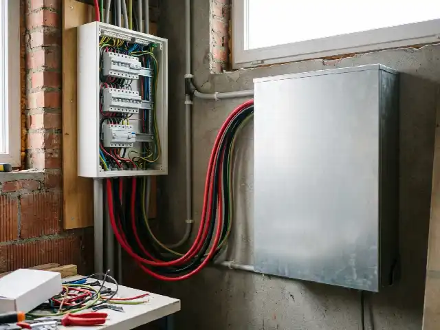 Open verdeelbord met nieuwe kabels naar de thuisbatterij